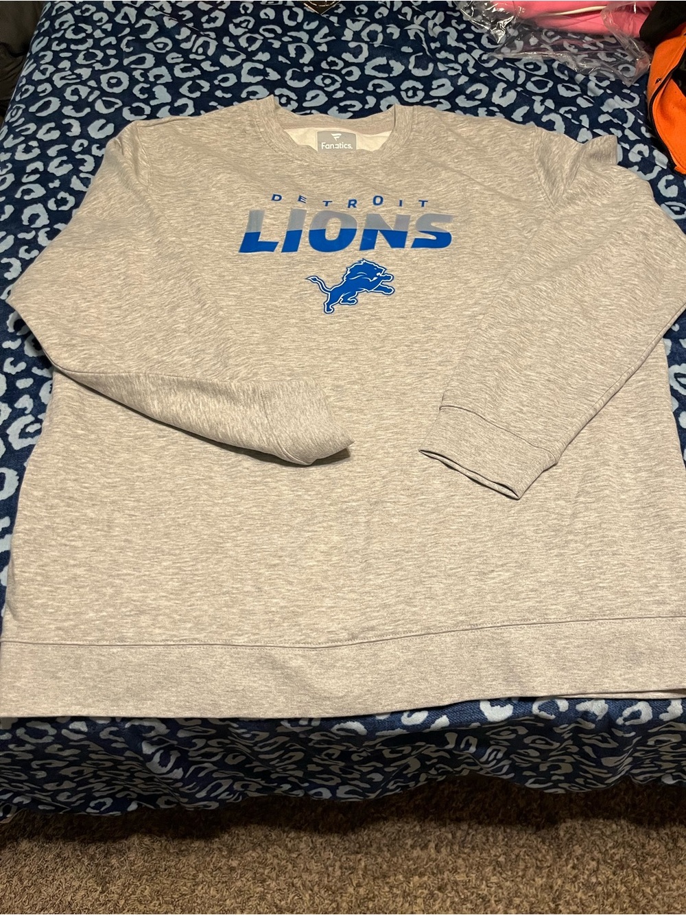 Fanatics Gray Detroit Lions Crewneck with Blue Logo